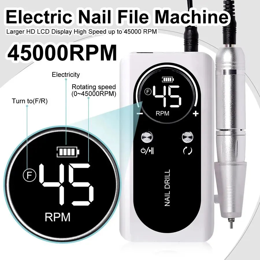 Professional 45000RPM Electric Portable Nail Drill Machine Rechargeable Low Noise Nail Sander File for Manicure Salon Tool